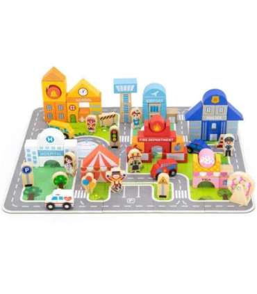 VIGA puidust komplekt — linnaehitus: klotsid, mängulaud ja figuurid