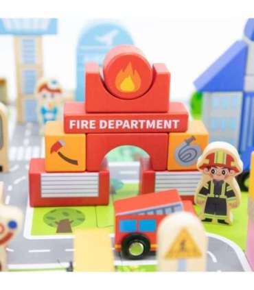 VIGA puidust komplekt — linnaehitus: klotsid, mängulaud ja figuurid