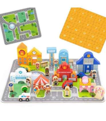 VIGA puidust komplekt — linnaehitus: klotsid, mängulaud ja figuurid