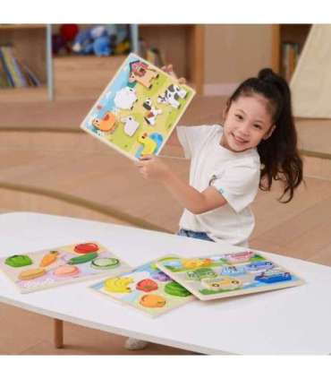 VIGA puidust Montessori pusle 2-ühes — puuviljafiguurid