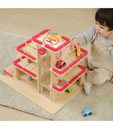 VIGA puidust parkla mänguautodele koos liftiga, 4 autot ja helikopter