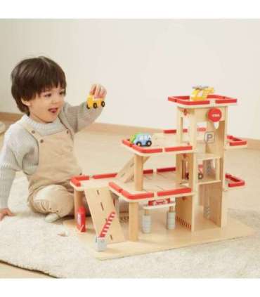 VIGA puidust parkla mänguautodele koos liftiga, 4 autot ja helikopter