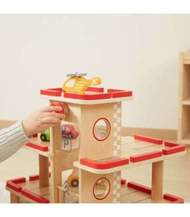 VIGA puidust parkla mänguautodele koos liftiga, 4 autot ja helikopter