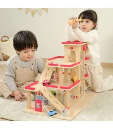 VIGA puidust parkla mänguautodele koos liftiga, 4 autot ja helikopter