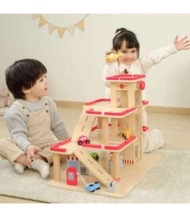 VIGA puidust parkla mänguautodele koos liftiga, 4 autot ja helikopter