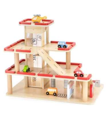 VIGA puidust parkla mänguautodele koos liftiga, 4 autot ja helikopter