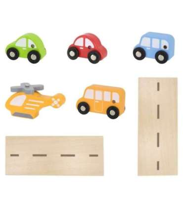 VIGA puidust parkla mänguautodele koos liftiga, 4 autot ja helikopter