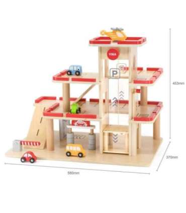 VIGA puidust parkla mänguautodele koos liftiga, 4 autot ja helikopter