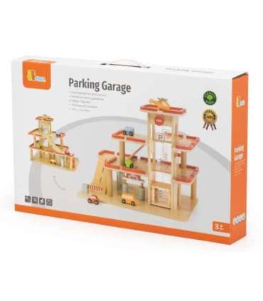 VIGA puidust parkla mänguautodele koos liftiga, 4 autot ja helikopter