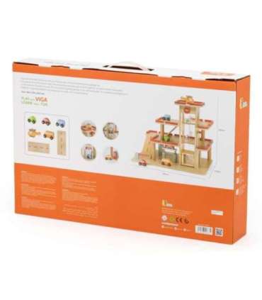 VIGA puidust parkla mänguautodele koos liftiga, 4 autot ja helikopter