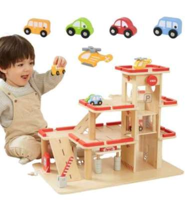 VIGA puidust parkla mänguautodele koos liftiga, 4 autot ja helikopter