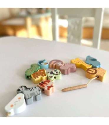 WOOPIE GREEN puidust nöörimis-/põimitav mänguasi – ZOO Montessori klotsid, 13 tk.