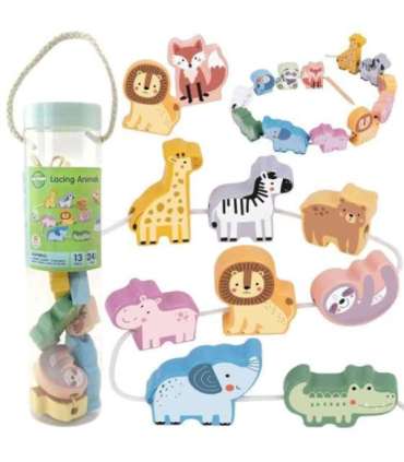 WOOPIE GREEN puidust nöörimis-/põimitav mänguasi – ZOO Montessori klotsid, 13 tk.