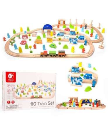 CLASSIC WORLD puidust rongikomplekt koos rööbastee, rongi ja figuuridega, 110 osa.