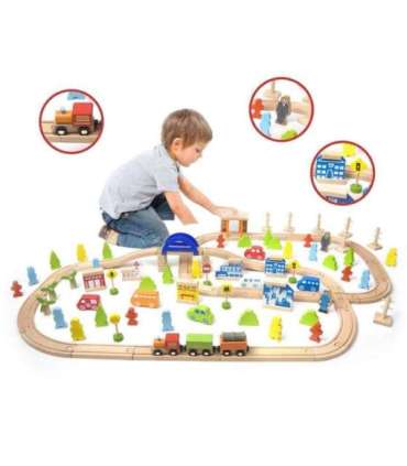 CLASSIC WORLD puidust rongikomplekt koos rööbastee, rongi ja figuuridega, 110 osa.