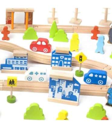 CLASSIC WORLD puidust rongikomplekt koos rööbastee, rongi ja figuuridega, 110 osa.