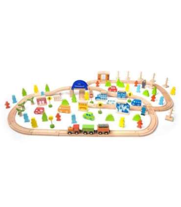 CLASSIC WORLD puidust rongikomplekt koos rööbastee, rongi ja figuuridega, 110 osa.