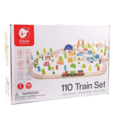 CLASSIC WORLD puidust rongikomplekt koos rööbastee, rongi ja figuuridega, 110 osa.