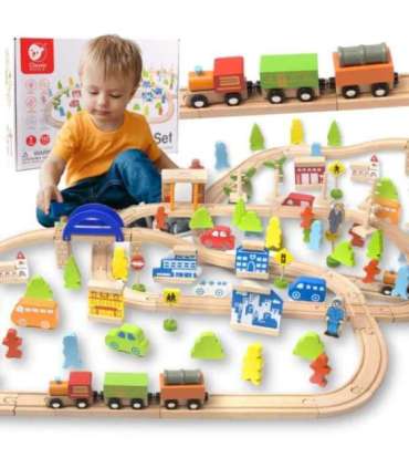 CLASSIC WORLD puidust rongikomplekt koos rööbastee, rongi ja figuuridega, 110 osa.