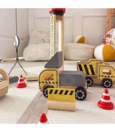 WOOPIE GREEN Puidust ehitusplats 5-ühes Liikuv kraana XXL Ehitusmasinad 13 osa. FSC