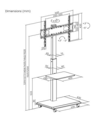 Stand / cart for TV Ergo-Office, max. load 50kg / 5kg shelf, max. VESA 600x400, built-in power strip, black, ER-304 B