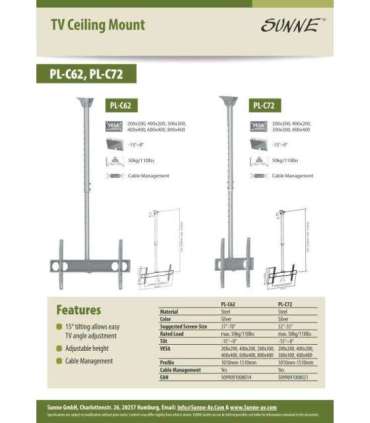 Sunne Ceiling mount PL-C62 Tilt 37-70 " Maximum weight (capacity) 50 kg Silver