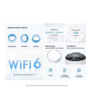 AX3000 Whole Home WiFi 6 System with PoE Deco X50-PoE (1-pack) 802.11ax Ethernet LAN (RJ-45) ports 1 Mesh