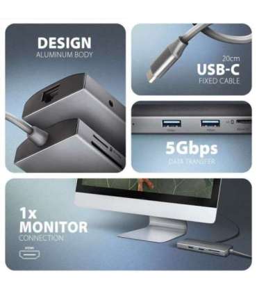 AXAGON Multi port USB-C 5Gbps hub HMC-8HLSA