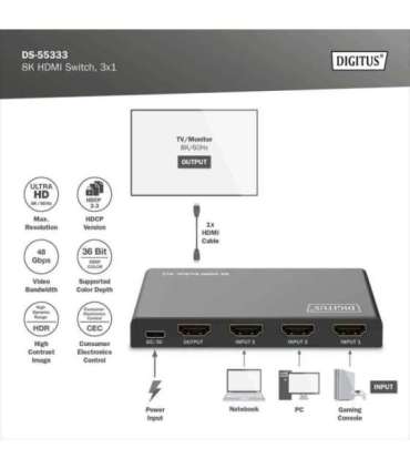 Digitus 8K HDMI Switch, 3x1 DS-55333 Black