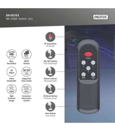 Digitus 8K HDMI Switch, 3x1 DS-55333 Black