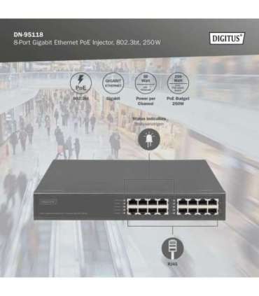 8-Port Gigabit Ethernet PoE Injector, 802.3bt, 250 W DN-95118