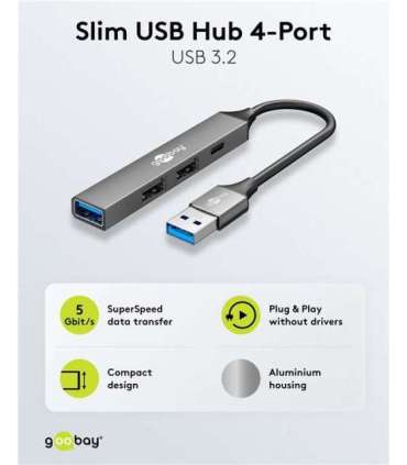 Goobay Slim 4-Port USB Hub, USB-A to USB-C/USB-A, 5 Gbit/s 74458