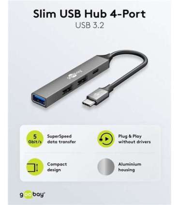 Goobay Slim 4-Port USB Hub, USB-C to USB-C/USB-A, 5 Gbit/s 74459