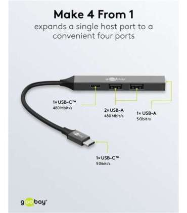 Goobay Slim 4-Port USB Hub, USB-C to USB-C/USB-A, 5 Gbit/s 74459