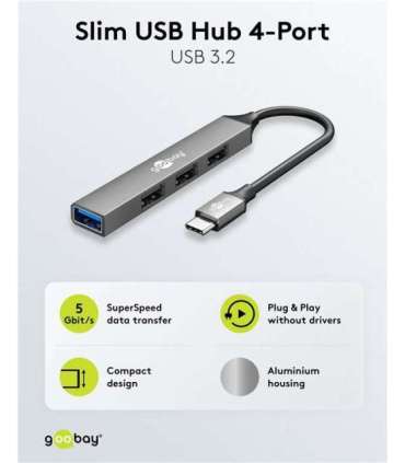 Goobay Slim 4-Port USB Hub, USB-C to USB-A, 5 Gbit/s 74457