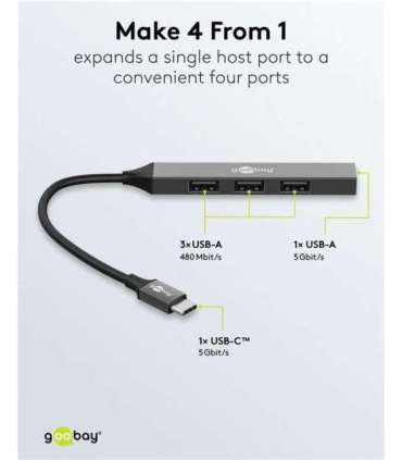 Goobay Slim 4-Port USB Hub, USB-C to USB-A, 5 Gbit/s 74457