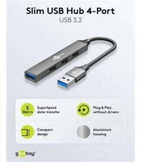 Goobay Slim 4-Port USB Hub, USB-A to USB-A, 5 Gbit/s 74456