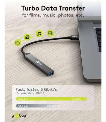 Goobay Slim 4-Port USB Hub, USB-A to USB-A, 5 Gbit/s 74456