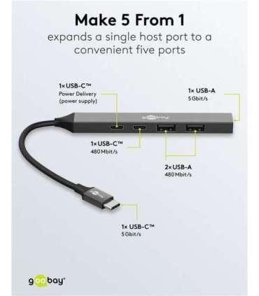 Goobay Slim 5-Port USB Hub, USB-C to USB-C/USB-A, 5 Gbit/s 74460