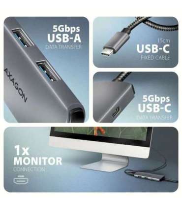AXAGON USB 5Gbps hub, 3x USB-A, HDMI 4k/30Hz, PD 100W, 100cm USB-C cable HMC-5H