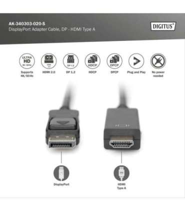 Digitus Adapter Cable, DP - HDMI type A DisplayPort to HDMI 2 m