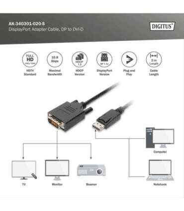 Digitus Adapter Cable, DP - DVI DisplayPort 2 m