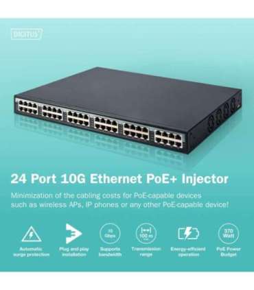 Digitus 24 Port 10G Ethernet PoE+ Injector, 802.3at, 370 W DN-95117