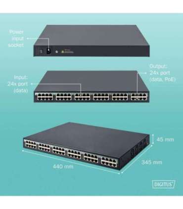 Digitus 24 Port 10G Ethernet PoE+ Injector, 802.3at, 370 W DN-95117