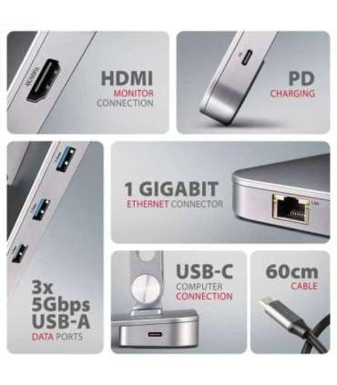 AXAGON Desk Mount HMC-STND USB-C 5Gbps Stand and Hub 7in1 Adjustable Height, Tilt 10-16 " Aluminum