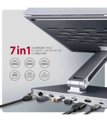 AXAGON Desk Mount HMC-STND USB-C 5Gbps Stand and Hub 7in1 Adjustable Height, Tilt 10-16 " Aluminum