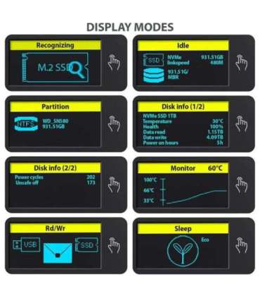 AXAGON External USB-C 10Gbps metal box with info display for M.2 NVMe and SATA SSD EEM2-SD2