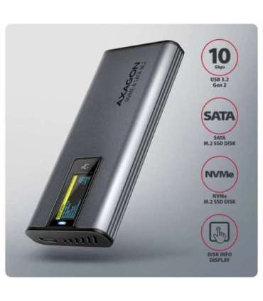 AXAGON External USB-C 10Gbps metal box with info display for M.2 NVMe and SATA SSD EEM2-SD2