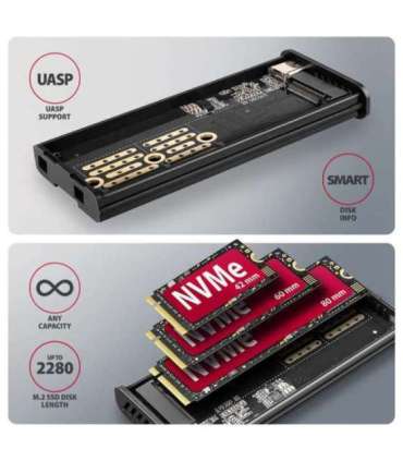 AXAGON External USB-C 10Gbps metal box with info display for M.2 NVMe and SATA SSD EEM2-SD2