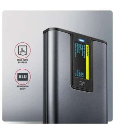 AXAGON External USB-C 10Gbps metal box with info display for M.2 NVMe and SATA SSD EEM2-SD2